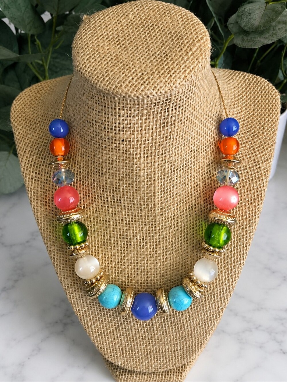 Chunky Colourful Glass Bead Statement Necklace Boho Luxe Resort Jewelry